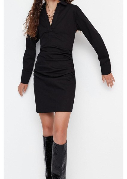Moda Regular Gündüz Gece Gabardin Dokuma Gömlek Yaka Uzun Kol Gömlek Elbise Mini Boy Elbise