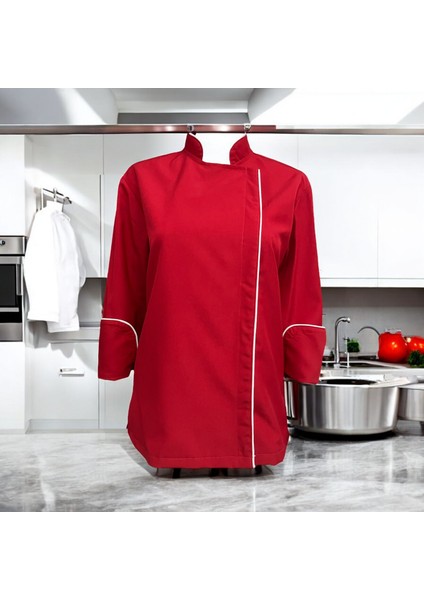 Şef Ceketi Kadın Kırmızı Alpaka Aşçı Kıyafeti