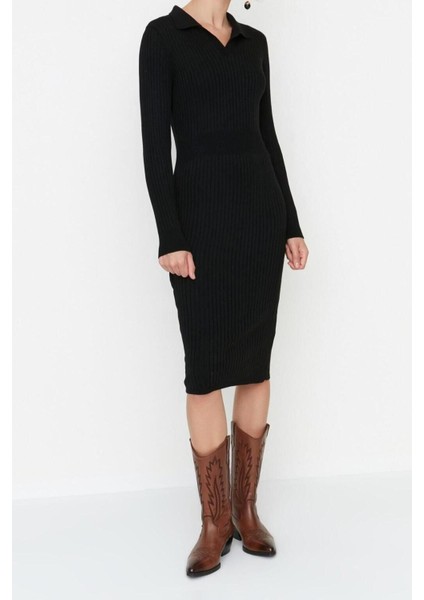 Moda Slim Casual Günlük Fitilli Triko Polo Yaka Uzun Kol Bodycone Midi Boy Elbise