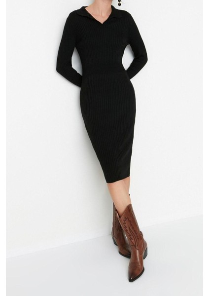 Moda Slim Casual Günlük Fitilli Triko Polo Yaka Uzun Kol Bodycone Midi Boy Elbise fiyatları