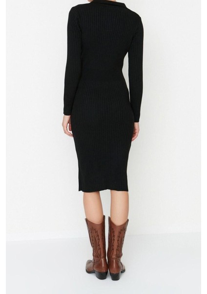 Moda Slim Casual Günlük Fitilli Triko Polo Yaka Uzun Kol Bodycone Midi Boy Elbise indirimleri