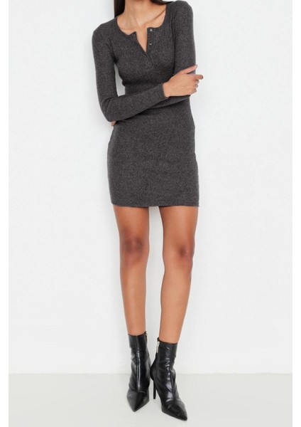 Moda Slim Casual Günlük Rejenere Kaşkorse Örme Kare Yaka Uzun Kol Bodycone Mini Boy Elbise fiyatları