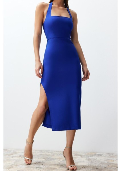 Moda Fit Mezuniyet Balo Finike Dokuma Kare Yaka Askılı Kol Bodycone Midi Boy Elbise