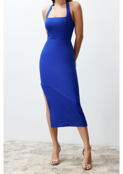 Moda Fit Mezuniyet Balo Finike Dokuma Kare Yaka Askılı Kol Bodycone Midi Boy Elbise