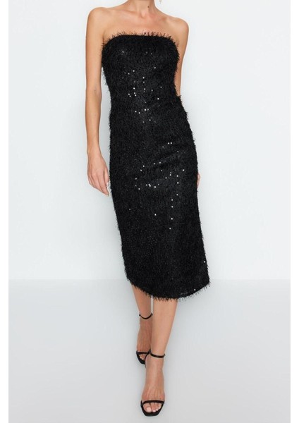 Moda Regular Mezuniyet Balo Payet Dokuma Straplez Kolsuz Kol Shift Midi Boy Elbise