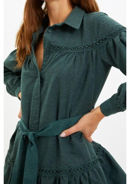 Moda Regular Casual Günlük Flanel Dokuma Gömlek Yaka Uzun Kol Gömlek Elbise Mini Boy Elbise