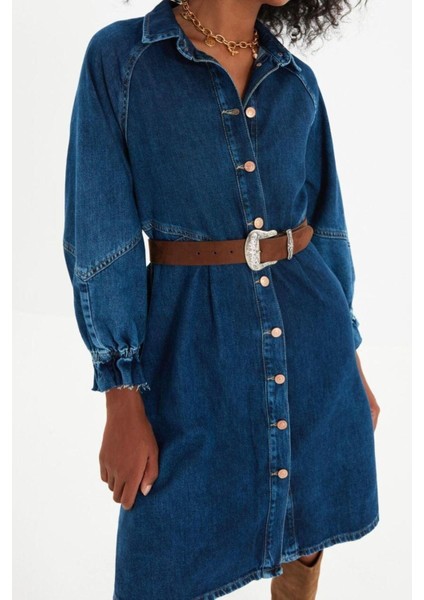 Moda Regular Casual Günlük Twill Denim Gömlek Yaka Uzun Kol A-Line Mini Boy Elbise