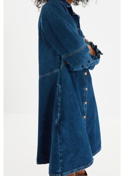 Moda Regular Casual Günlük Twill Denim Gömlek Yaka Uzun Kol A-Line Mini Boy Elbise