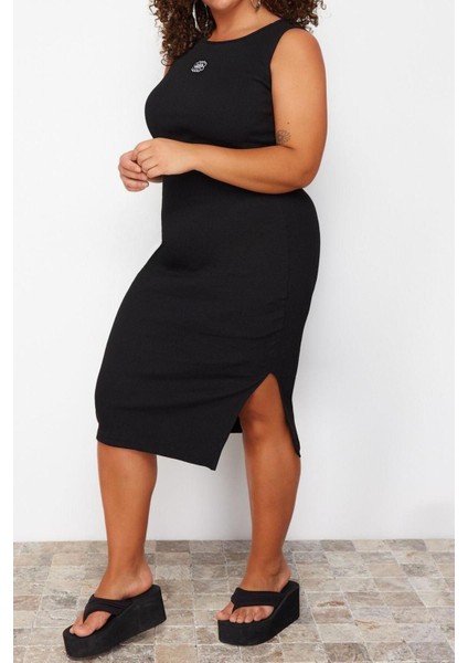 Moda Fit Casual Günlük Kaşkorse Örme Halter Yaka Kolsuz Kol Shift Midi Boy Büyük Beden Elbise fiyatları