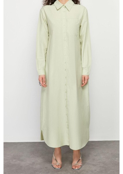 Moda Regular Casual Günlük Poplin Dokuma Gömlek Yaka Uzun Kol Gömlek Elbise Maxi Boy Tesettür Elbise