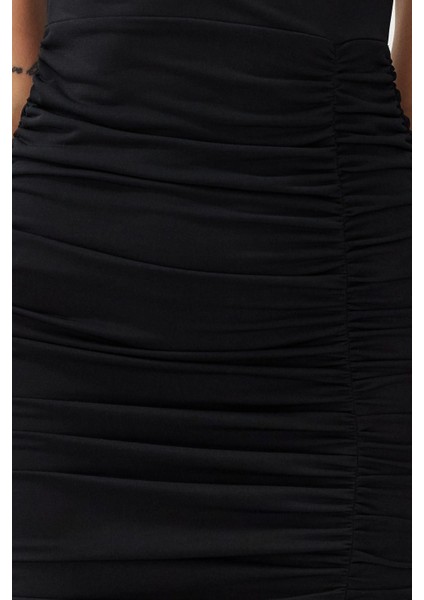 Moda Regular Plaj Günlük Viskon Süprem Örme V Yaka Askılı Kol Bodycone Midi Boy Elbise