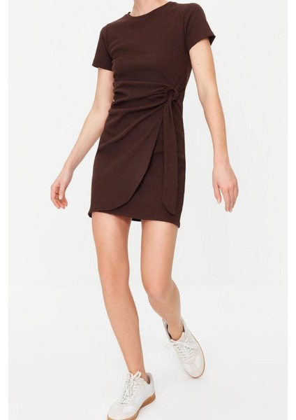 Moda Regular Casual Günlük Kaşkorse Örme Bisiklet Yaka Kısa Kol Anvelop Mini Boy Elbise