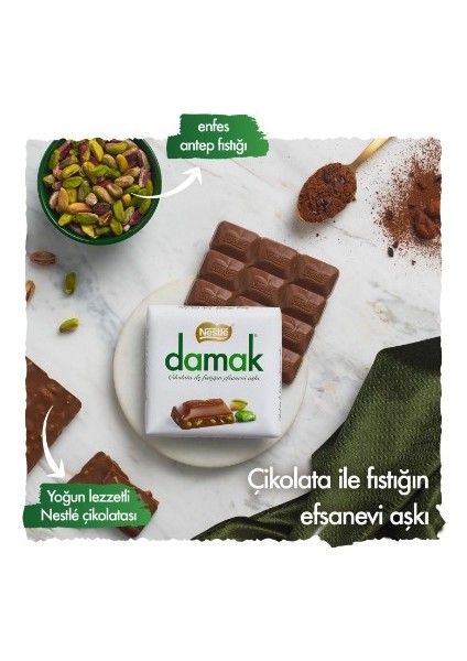 Damak Antep Fıstıklı Sütlü Kare Çikolata 6'lı Paket 6 x 60 gr