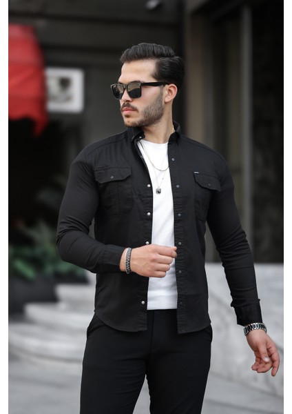 Erkek Siyah Slim Fit Dar Kesim Kot Gömlek