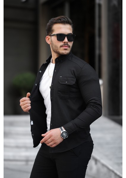 Erkek Siyah Slim Fit Dar Kesim Kot Gömlek fiyatları