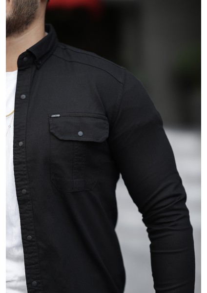 Erkek Siyah Slim Fit Dar Kesim Kot Gömlek modelleri