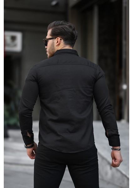 Erkek Siyah Slim Fit Dar Kesim Kot Gömlek fırsatları