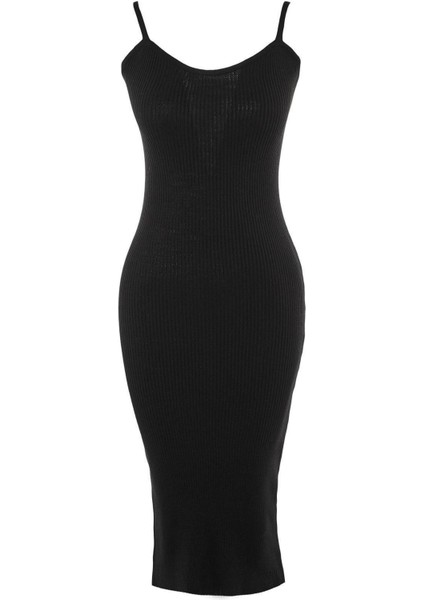 Moda Slim Casual Günlük Fitilli Triko V Yaka Uzun Kol Bodycone Midi Boy Elbise