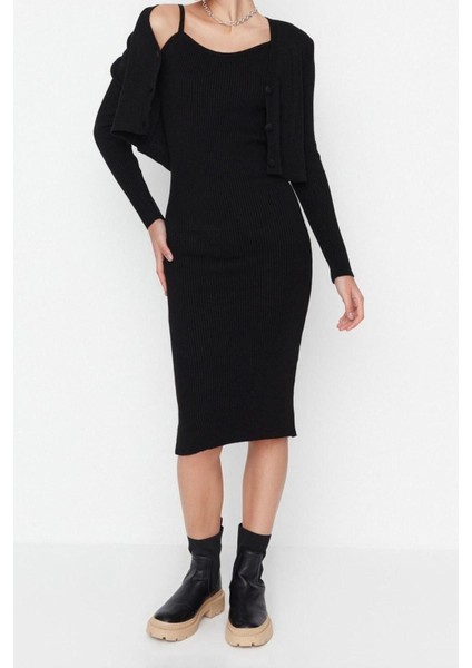 Moda Slim Casual Günlük Fitilli Triko V Yaka Uzun Kol Bodycone Midi Boy Elbise