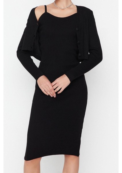 Moda Slim Casual Günlük Fitilli Triko V Yaka Uzun Kol Bodycone Midi Boy Elbise