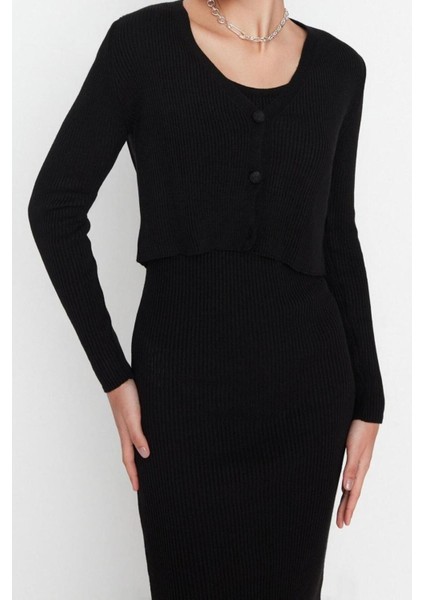 Moda Slim Casual Günlük Fitilli Triko V Yaka Uzun Kol Bodycone Midi Boy Elbise