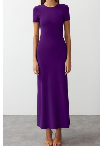 Moda Slim Casual Günlük Kalın Sandy Örme Bisiklet Yaka Kısa Kol Bodycone Maxi Boy Elbise