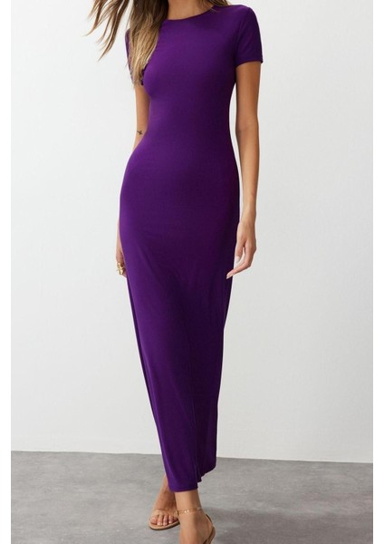 Moda Slim Casual Günlük Kalın Sandy Örme Bisiklet Yaka Kısa Kol Bodycone Maxi Boy Elbise fırsatları