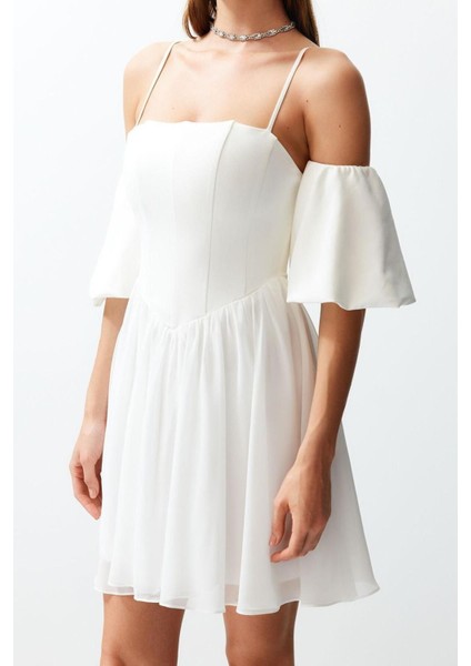 Moda Fit Düğün Nikah Finike Dokuma Carmen Yaka Kısa Kol Skater Mini Boy Elbise