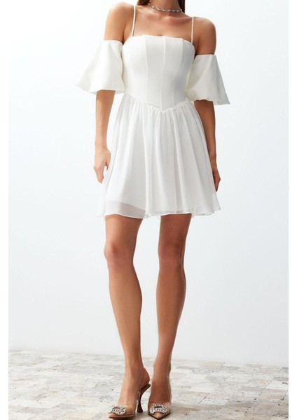 Moda Fit Düğün Nikah Finike Dokuma Carmen Yaka Kısa Kol Skater Mini Boy Elbise fiyatları