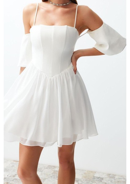 Moda Fit Düğün Nikah Finike Dokuma Carmen Yaka Kısa Kol Skater Mini Boy Elbise modelleri