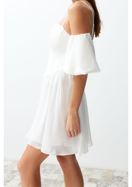 Moda Fit Düğün Nikah Finike Dokuma Carmen Yaka Kısa Kol Skater Mini Boy Elbise fırsatları