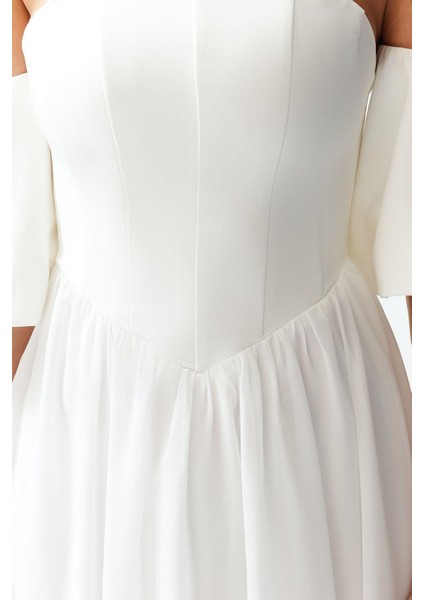 Moda Fit Düğün Nikah Finike Dokuma Carmen Yaka Kısa Kol Skater Mini Boy Elbise indirimleri