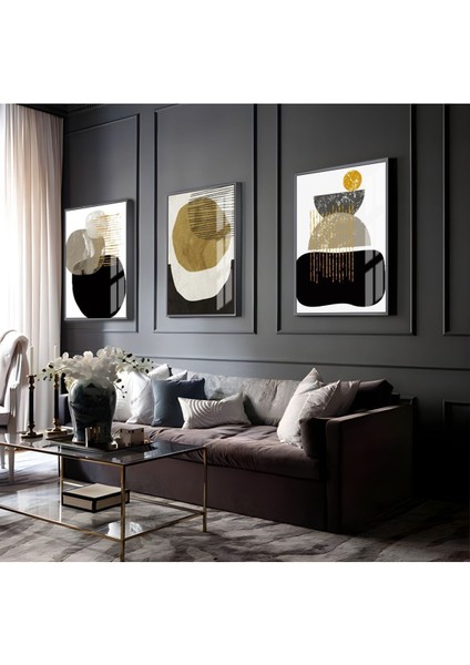 Gri-Gold-Siyah Soyut Abstract Kombini 04 |Çerçeveli Cam Tablo 3lü Dikey