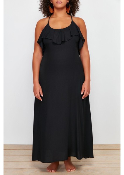 Moda Rahat Plaj Günlük Shally Dokuma V Yaka Askılı Kol Basic Maxi Boy Büyük Beden Elbise