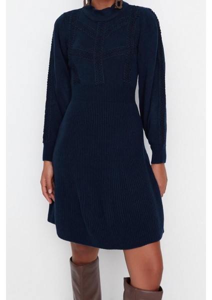 Moda Regular Business Tek Plaka Triko Bisiklet Yaka Uzun Kol A-Line Mini Boy Elbise