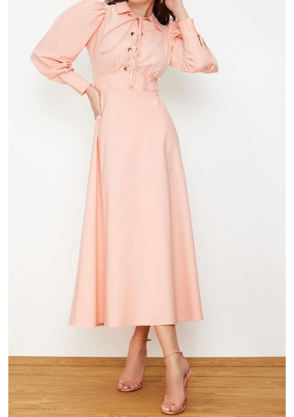Moda Regular Casual Günlük Poplin Dokuma Gömlek Yaka Uzun Kol A-Line Maxi Boy Tesettür Elbise