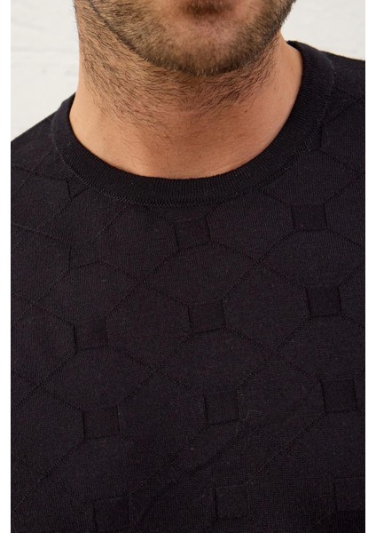 Erkek Kare Desenli Slim-Fit Kalıp Yazlık Triko T-Shirt Koyu Lacivert - 5020DNGR fırsatları
