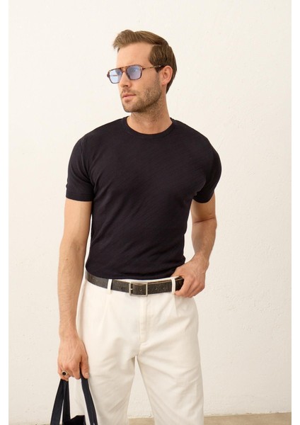 Erkek Çizgili Bisiklet Yaka Slim-Fit Kalıp Ince Triko T-Shirt Koyu Lacivert - 5013DNGR