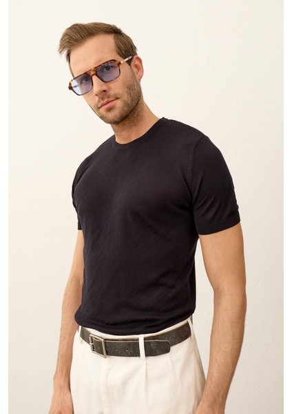 Erkek Çizgili Bisiklet Yaka Slim-Fit Kalıp Ince Triko T-Shirt Koyu Lacivert - 5013DNGR fiyatları
