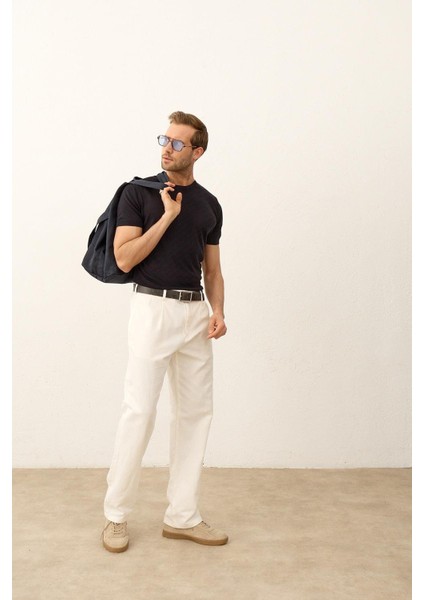 Erkek Çizgili Bisiklet Yaka Slim-Fit Kalıp Ince Triko T-Shirt Koyu Lacivert - 5013DNGR modelleri