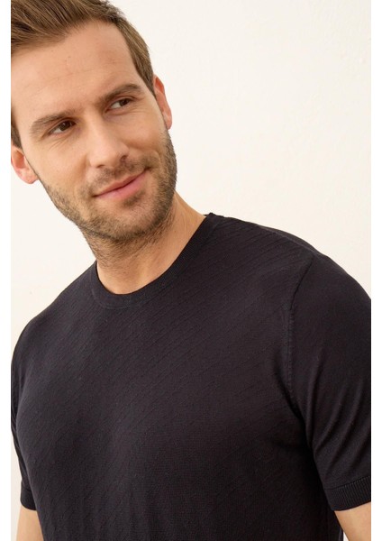 Erkek Çizgili Bisiklet Yaka Slim-Fit Kalıp Ince Triko T-Shirt Koyu Lacivert - 5013DNGR fırsatları