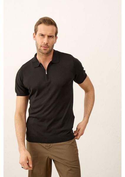 Erkek Basic Slim-Fit Kalıp Polo Yaka Yazlık Triko T-Shirt Siyah - 5009DNGR modelleri