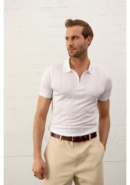 Erkek Fermuarlı Slim-Fit Kalıp Polo Yaka Yazlık Triko T-Shirt Beyaz - 5004DNGR