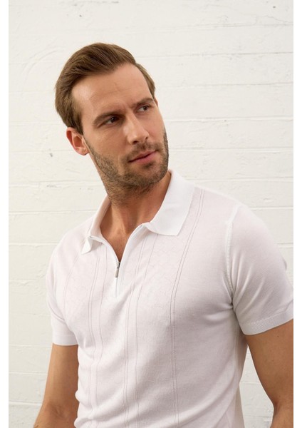 Erkek Fermuarlı Slim-Fit Kalıp Polo Yaka Yazlık Triko T-Shirt Beyaz - 5004DNGR fiyatları
