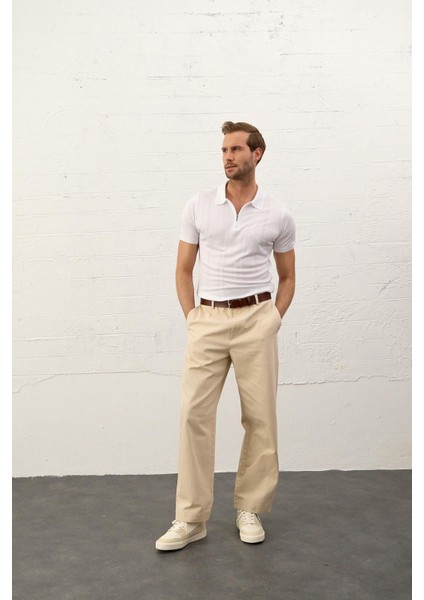 Erkek Fermuarlı Slim-Fit Kalıp Polo Yaka Yazlık Triko T-Shirt Beyaz - 5004DNGR fırsatları