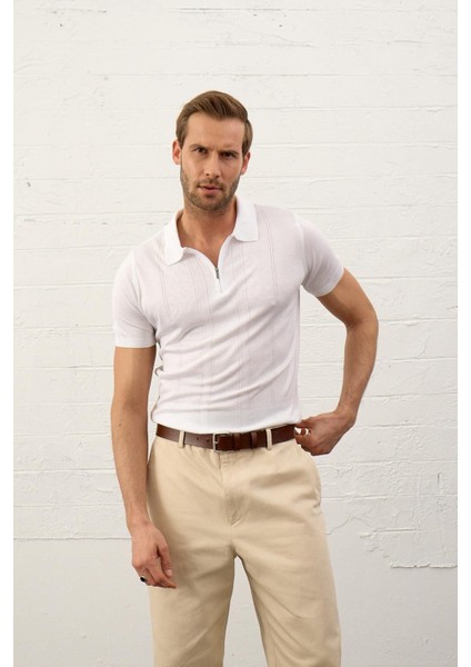 Erkek Fermuarlı Slim-Fit Kalıp Polo Yaka Yazlık Triko T-Shirt Beyaz - 5004DNGR indirimleri