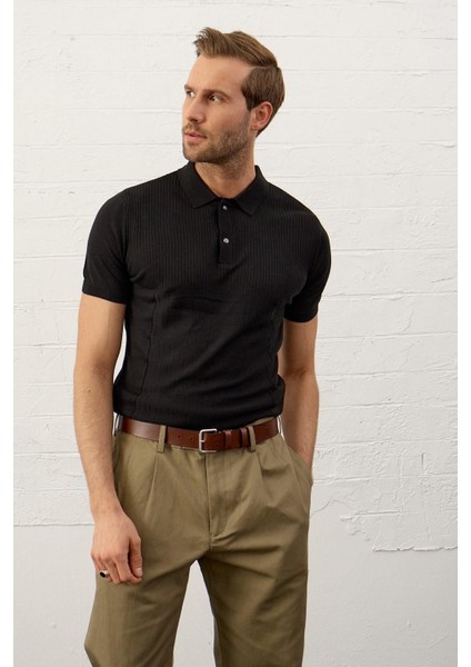Erkek Slim-Fit Kalıp Polo Yaka Yazlık Triko T-Shirt Siyah - 5002DNGR modelleri