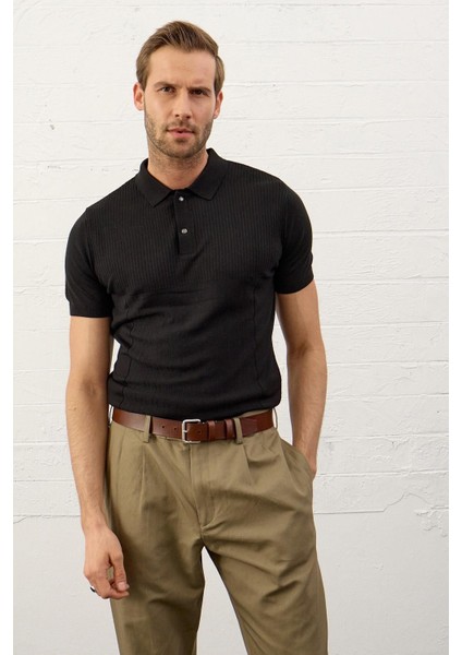 Erkek Slim-Fit Kalıp Polo Yaka Yazlık Triko T-Shirt Siyah - 5002DNGR fırsatları