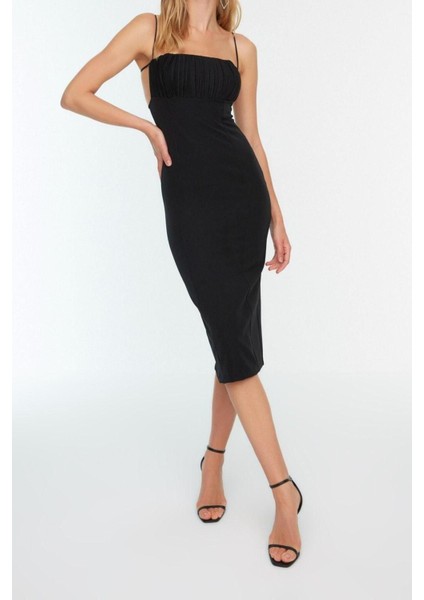 Moda Regular Mezuniyet Balo Finike Dokuma Kare Yaka Askılı Kol Bodycone Midi Boy Elbise