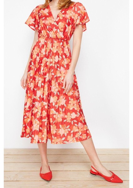 Moda Regular Casual Günlük Polyester Kaşkorse Örme Kruvaze Kısa Kol A-Line Midi Boy Elbise